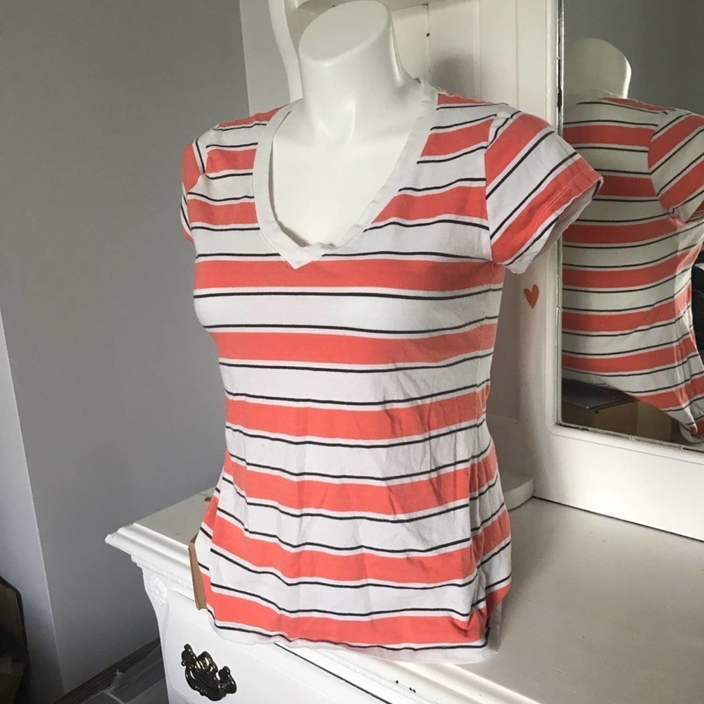 Ambiance Coral and White Striped V-Neck Tee